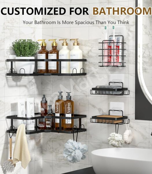5-piece-black-metal-wire-shower-caddy-organizer-set-adhesive-corner-shelves-rectangular-racks-for-wall-mounted-bathroom-storage-product-image