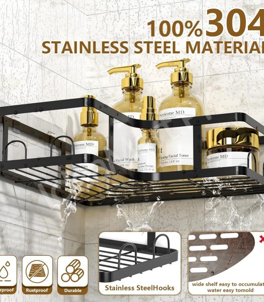 5-piece-black-metal-wire-shower-caddy-organizer-set-adhesive-corner-shelves-rectangular-racks-for-wall-mounted-bathroom-storage-product-image