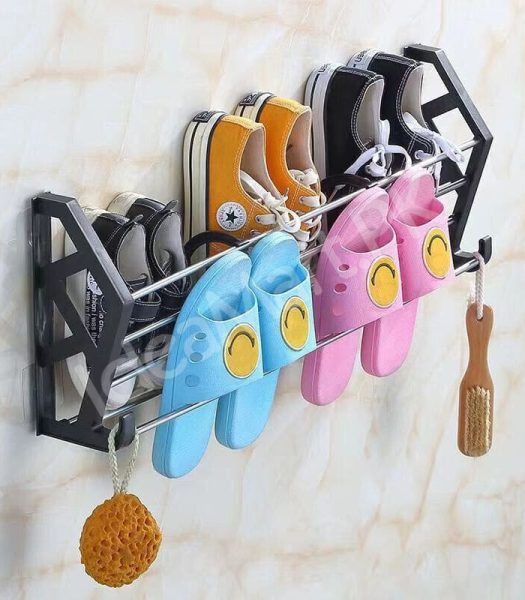 2-layer-space-saving-wall-mounted-adhesive-shoe-rack-with-hooks-foldable-door-organizer-for-slippers-sneakers-sandals-product-image