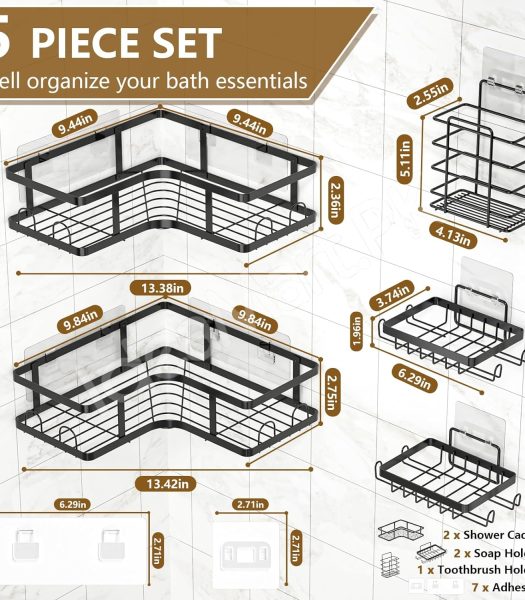 5-piece-black-metal-wire-shower-caddy-organizer-set-adhesive-corner-shelves-rectangular-racks-for-wall-mounted-bathroom-storage-product-image
