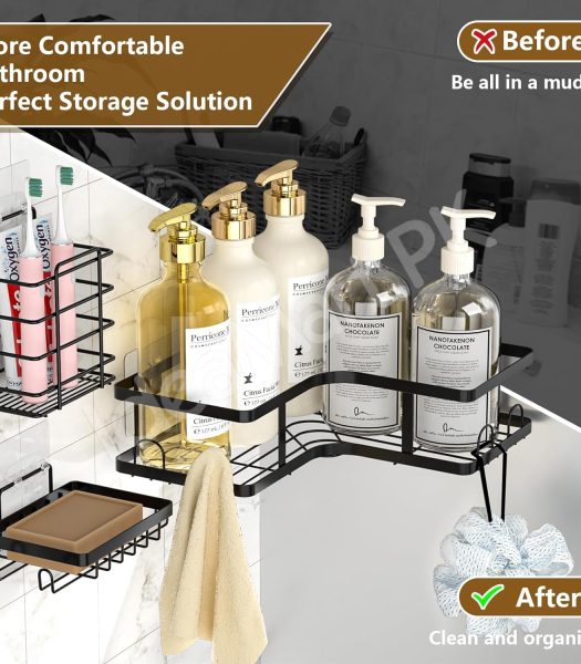 5-piece-black-metal-wire-shower-caddy-organizer-set-adhesive-corner-shelves-rectangular-racks-for-wall-mounted-bathroom-storage-product-image
