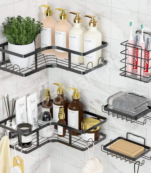 5-piece-black-metal-wire-shower-caddy-organizer-set-adhesive-corner-shelves-rectangular-racks-for-wall-mounted-bathroom-storage-product-image