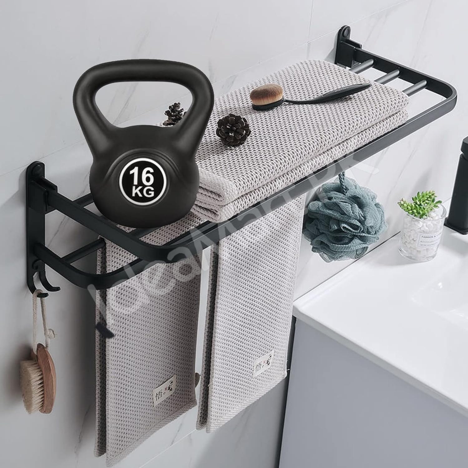 aluminum-space-saving-wall-mounted-double-folding-bath-towel-holder-shelf-with-hooks-for-bathroom-storage-product-image