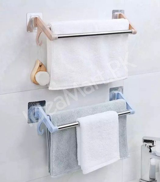 stainless-steel-double-towel-bar-rack-with-hanging-hooks-adhesive-wall-mount-storage-for-bathroom-shower-or-kitchen-product-image