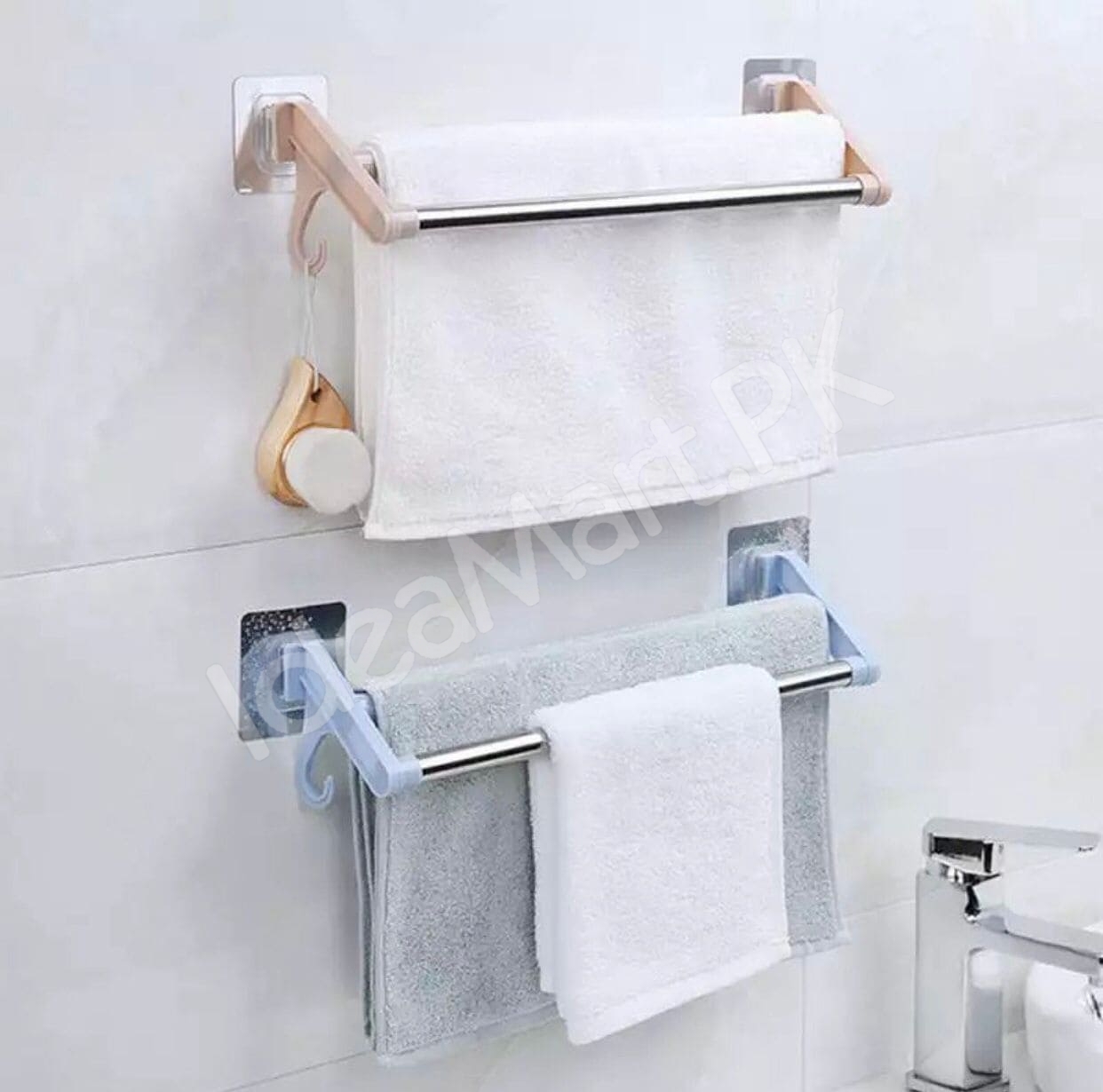 stainless-steel-double-towel-bar-rack-with-hanging-hooks-adhesive-wall-mount-storage-for-bathroom-shower-or-kitchen-product-image