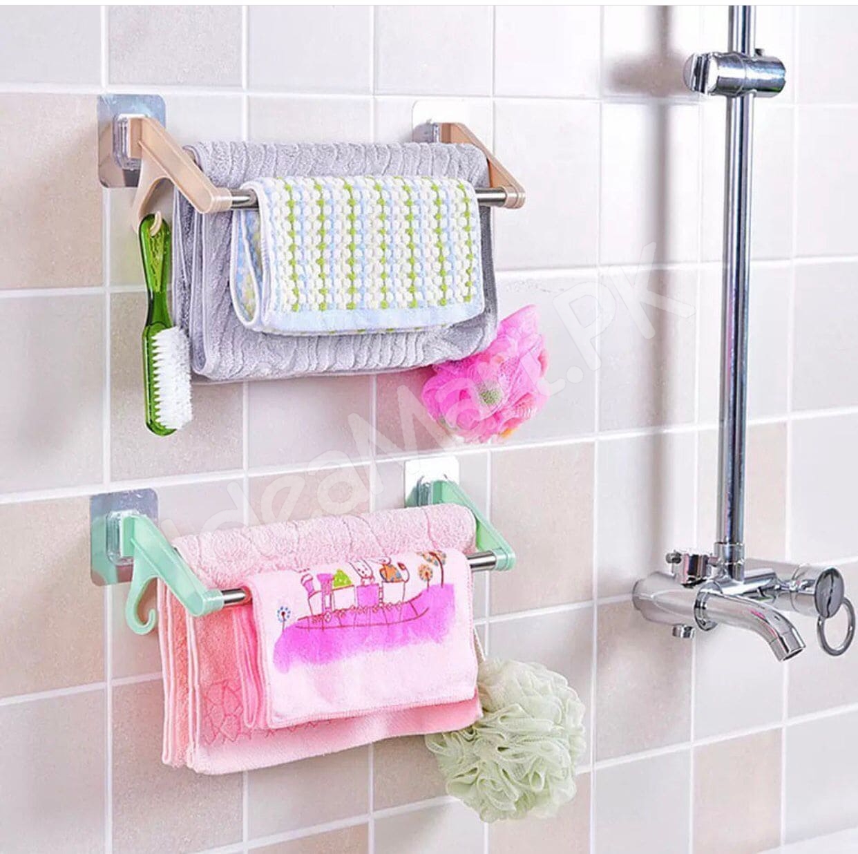 stainless-steel-double-towel-bar-rack-with-hanging-hooks-adhesive-wall-mount-storage-for-bathroom-shower-or-kitchen-product-image