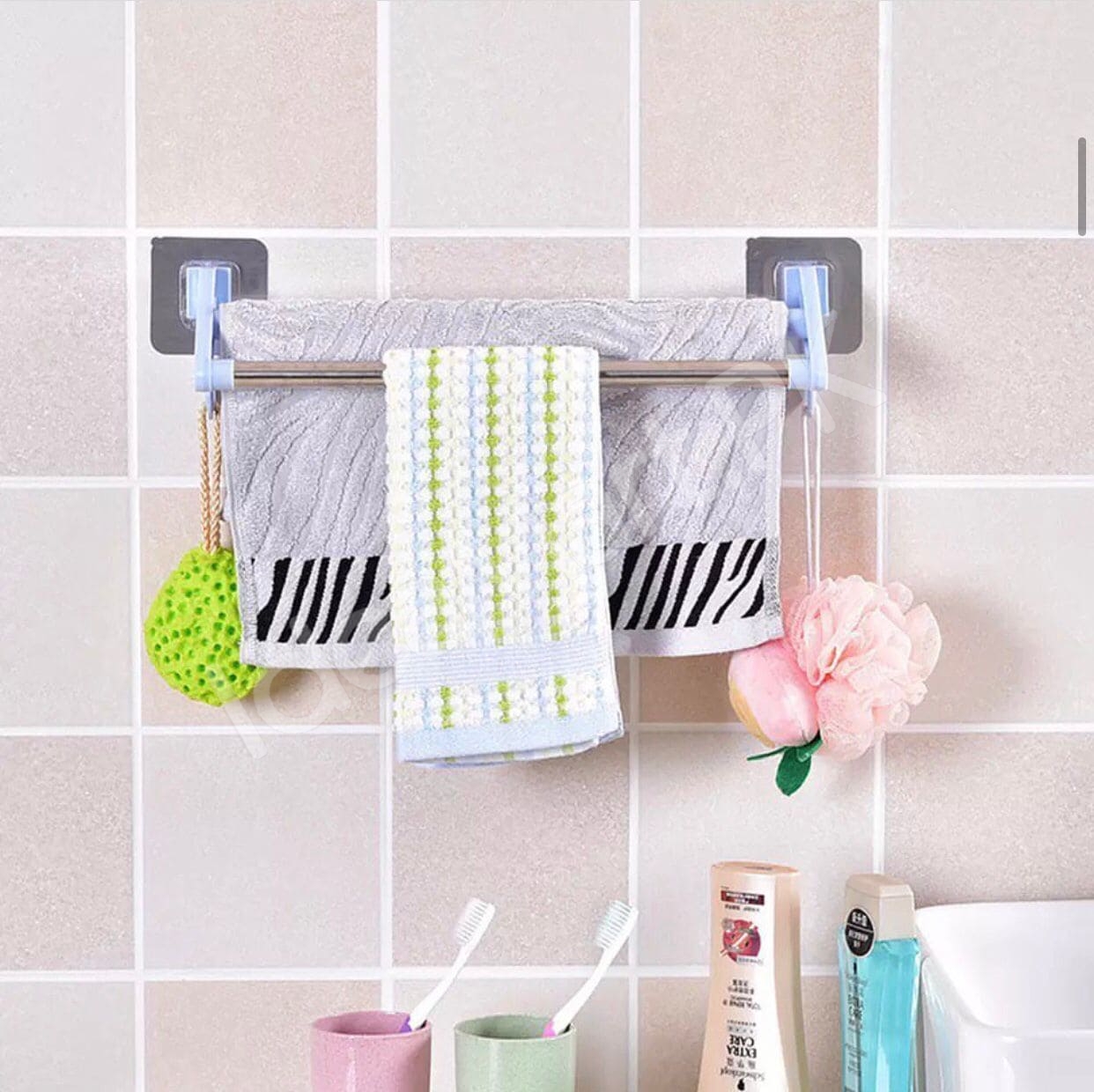 stainless-steel-double-towel-bar-rack-with-hanging-hooks-adhesive-wall-mount-storage-for-bathroom-shower-or-kitchen-product-image
