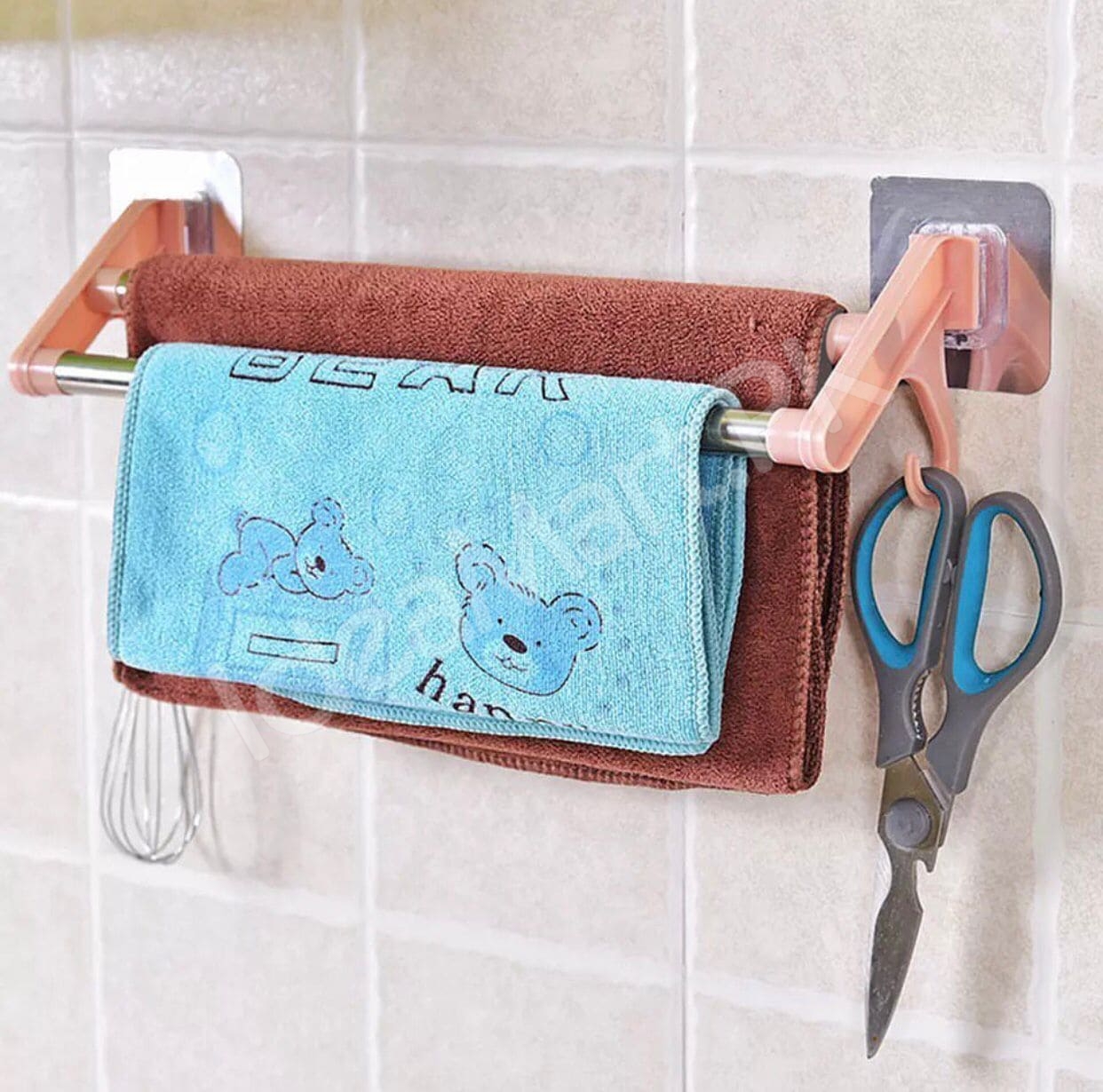 stainless-steel-double-towel-bar-rack-with-hanging-hooks-adhesive-wall-mount-storage-for-bathroom-shower-or-kitchen-product-image