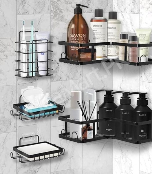5-piece-black-metal-wire-shower-caddy-organizer-set-adhesive-corner-shelves-rectangular-racks-for-wall-mounted-bathroom-storage-product-image