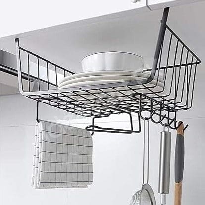 black-metal-wire-under-cabinet-shelf-storage-basket-with-integrated-paper-towel-roll-holder-5-hanging-utensil-hooks-for-kitchen-pantry-product-image