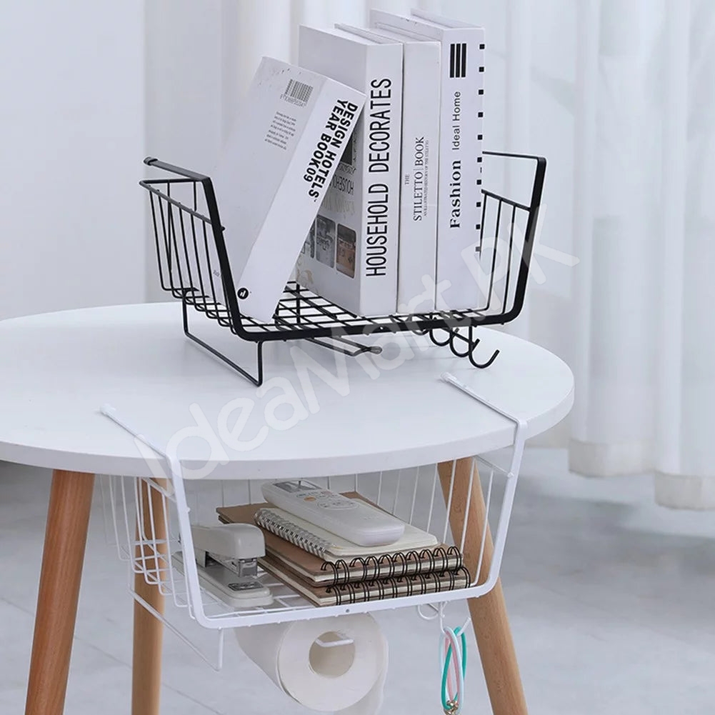 black-metal-wire-under-cabinet-shelf-storage-basket-with-integrated-paper-towel-roll-holder-5-hanging-utensil-hooks-for-kitchen-pantry-product-image