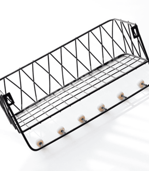 metal-criss-cross-wall-shelve-with-5-wooden-hanging-hooks-multi-purpose-key-coat-entryway-storage-home-decor-display-product-image
