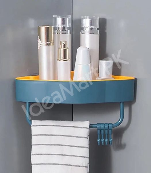 durable-plastic-corner-shower-organizer-shelf-with-4-hanging-hooks-adhesive-wall-mount-for-bathroom-toiletries-storage-product-image