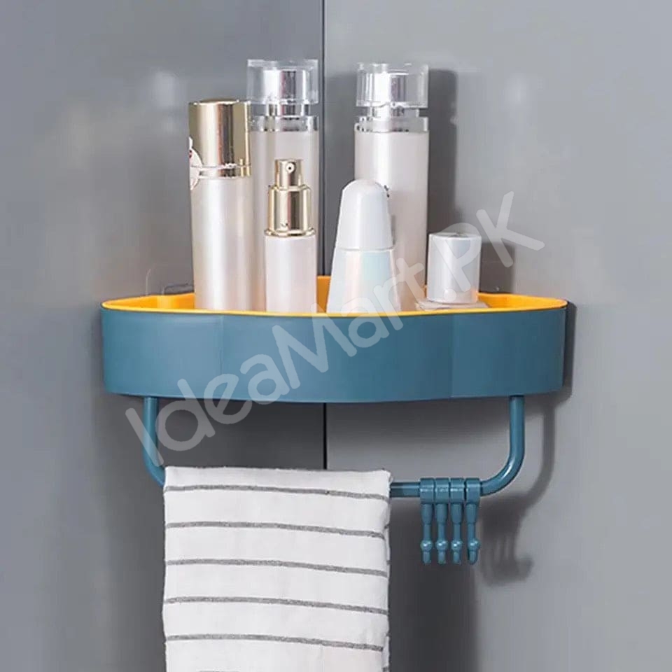 durable-plastic-corner-shower-organizer-shelf-with-4-hanging-hooks-adhesive-wall-mount-for-bathroom-toiletries-storage-product-image