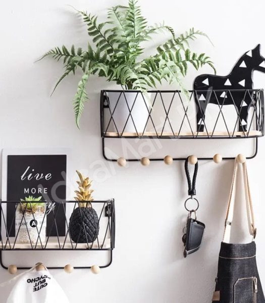 metal-criss-cross-wall-shelve-with-5-wooden-hanging-hooks-multi-purpose-key-coat-entryway-storage-home-decor-display-product-image