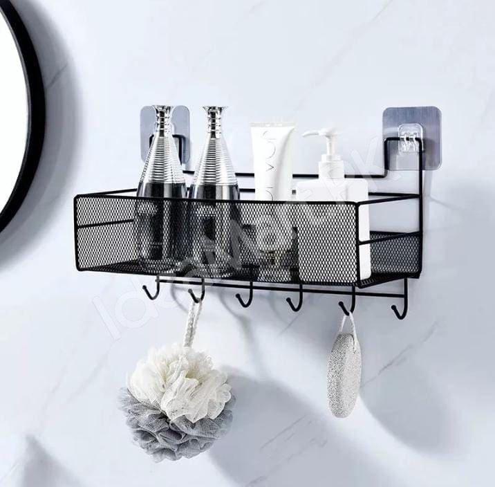 wall-mounted-metal-black-shower-storage-basket-shelf-with-adhesive-installation-and-5-hanging-hooks-for-bathroom-kitchen-storage-product-image