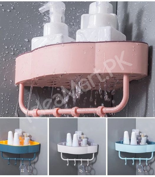 durable-plastic-corner-shower-organizer-shelf-with-4-hanging-hooks-adhesive-wall-mount-for-bathroom-toiletries-storage-product-image