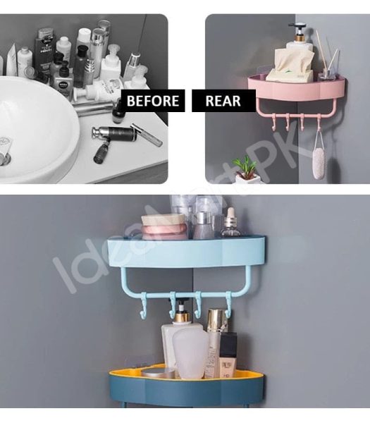 durable-plastic-corner-shower-organizer-shelf-with-4-hanging-hooks-adhesive-wall-mount-for-bathroom-toiletries-storage-product-image