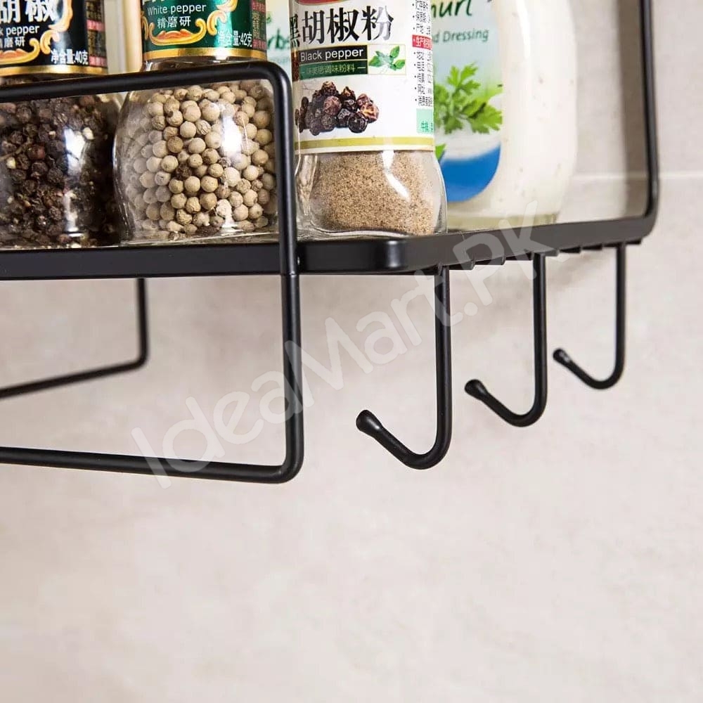 black-metal-wire-double-tier-shower-shelf-with-hanging-hooks-and-towel-bar-for-bathroom-and-kitchen-storage-product-image