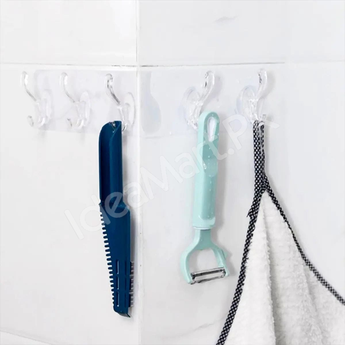 flexible-transparent-6-hook-adhesive-utility-strip-hanger-wall-mount-storage-for-bathroom-towels-kitchen-tools-home-goods-product-image