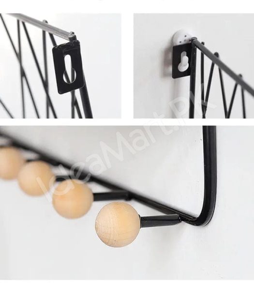 metal-criss-cross-wall-shelve-with-5-wooden-hanging-hooks-multi-purpose-key-coat-entryway-storage-home-decor-display-product-image