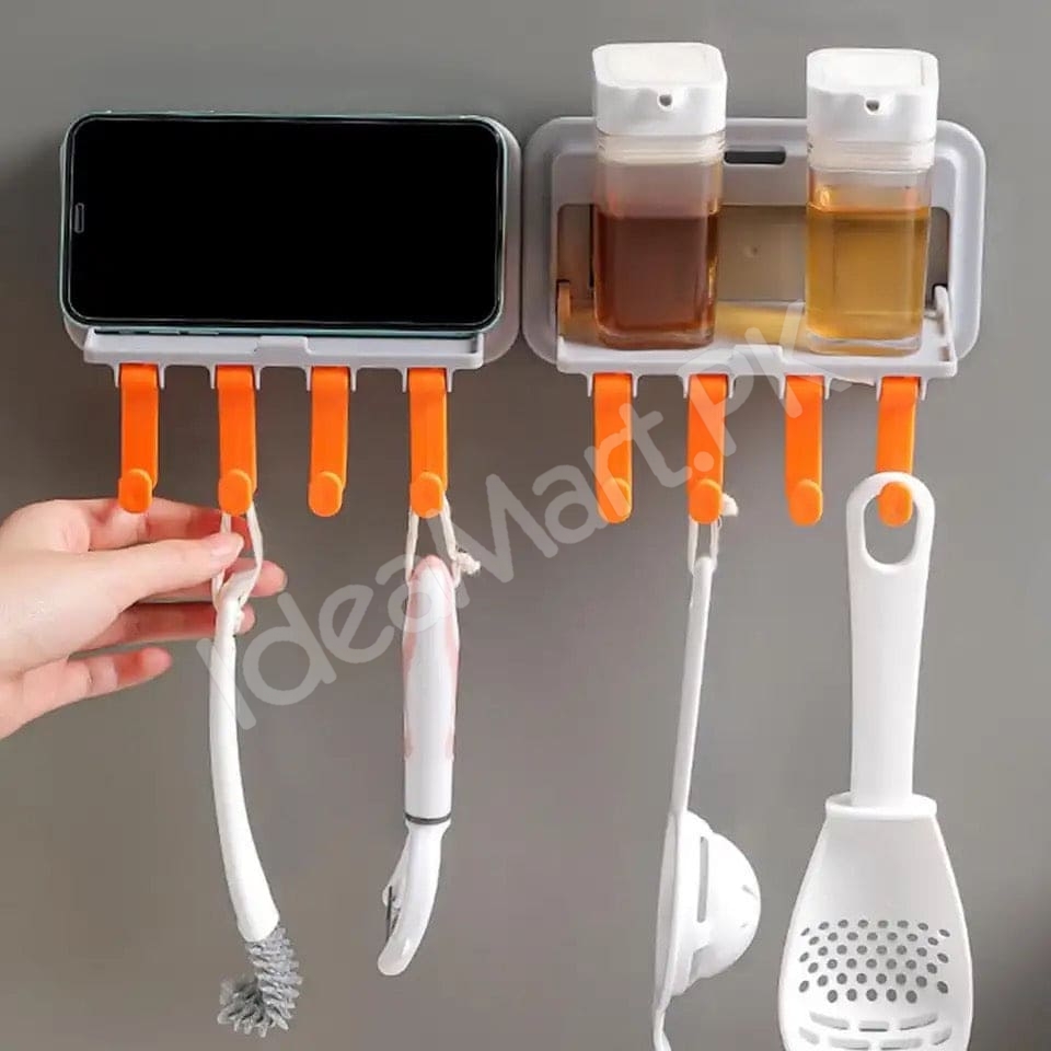 plastic-wall-mounted-kitchen-bathroom-organizer-rack-with-5-hooks-multi-purpose-storage-shelf-brush-towel-utensil-holder-product-image