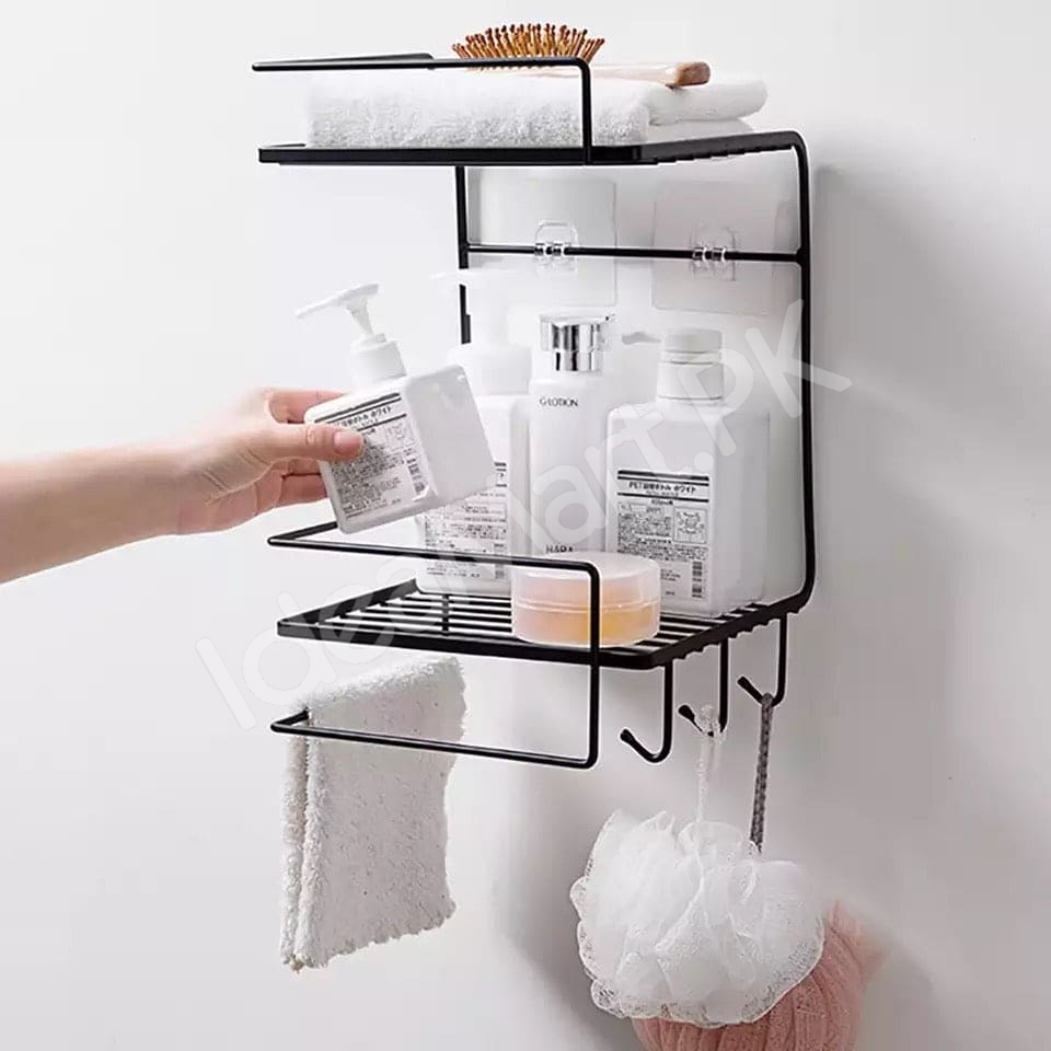 black-metal-wire-double-tier-shower-shelf-with-hanging-hooks-and-towel-bar-for-bathroom-and-kitchen-storage-product-image