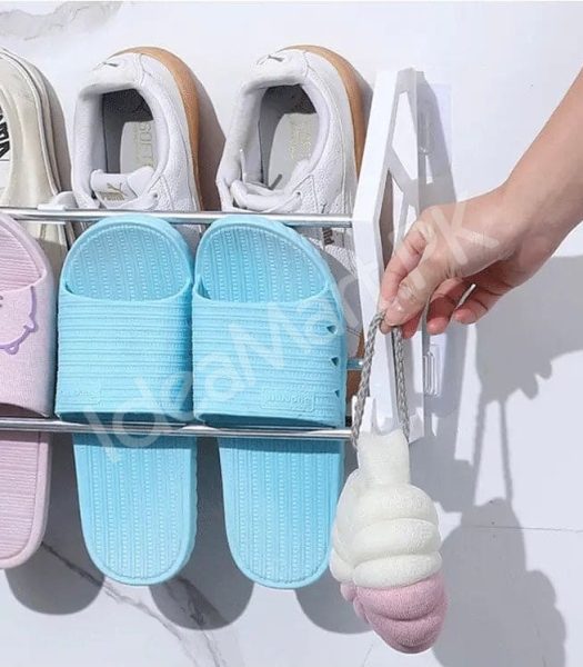 2-layer-space-saving-wall-mounted-adhesive-shoe-rack-with-hooks-foldable-door-organizer-for-slippers-sneakers-sandals-product-image
