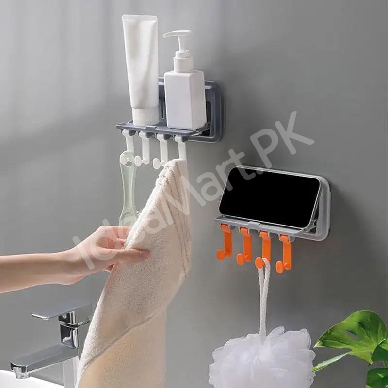 plastic-wall-mounted-kitchen-bathroom-organizer-rack-with-5-hooks-multi-purpose-storage-shelf-brush-towel-utensil-holder-product-image