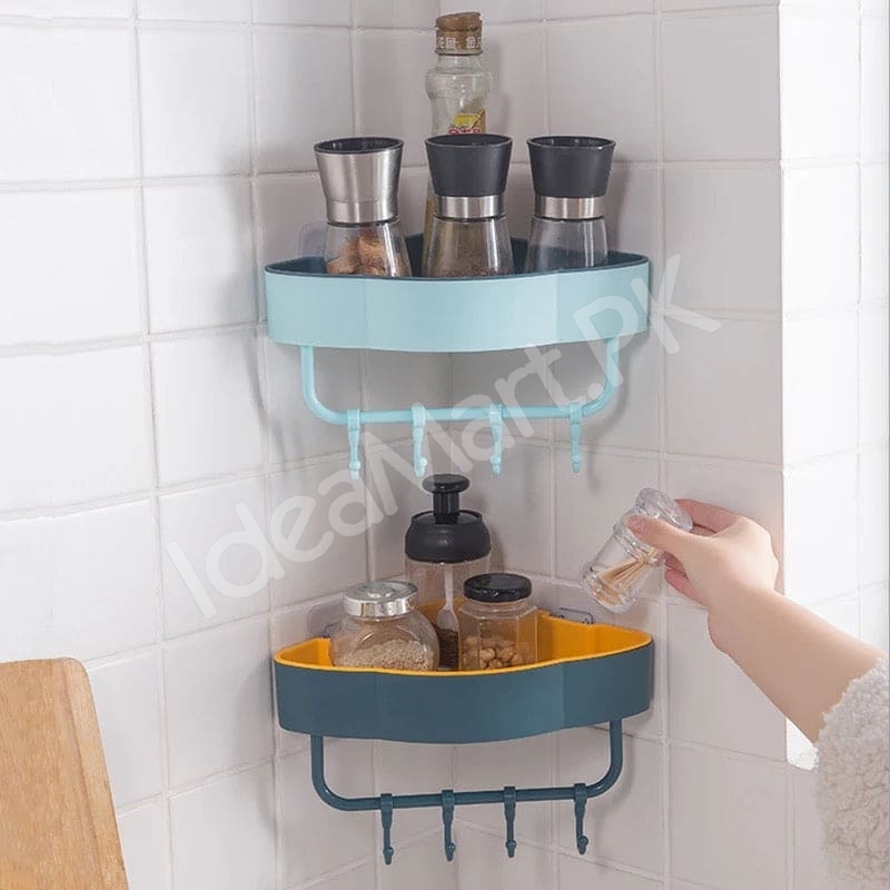 durable-plastic-corner-shower-organizer-shelf-with-4-hanging-hooks-adhesive-wall-mount-for-bathroom-toiletries-storage-product-image