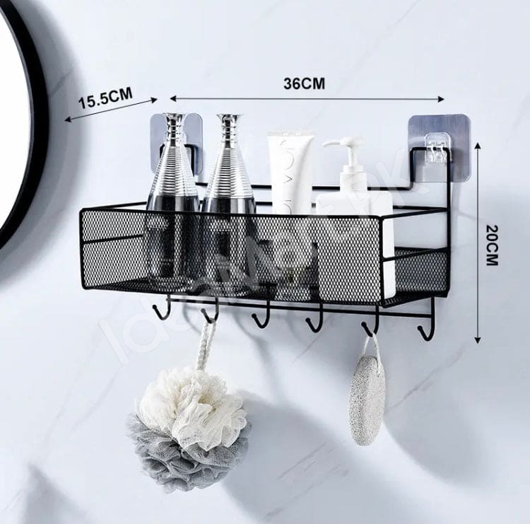 wall-mounted-metal-black-shower-storage-basket-shelf-with-adhesive-installation-and-5-hanging-hooks-for-bathroom-kitchen-storage-product-image