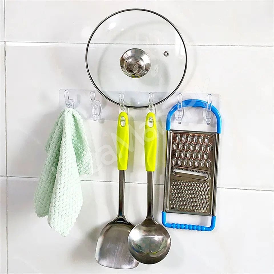flexible-transparent-6-hook-adhesive-utility-strip-hanger-wall-mount-storage-for-bathroom-towels-kitchen-tools-home-goods-product-image