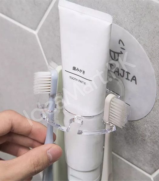 adhesive-bathroom-acrylic-toothbrush-holder-and-toothpaste-organizer-rack-with-multi-slot-wall-mount-design-product-image