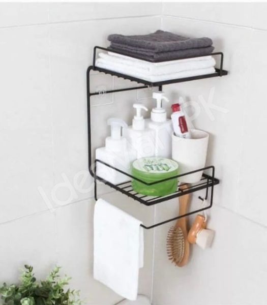 black-metal-wire-double-tier-shower-shelf-with-hanging-hooks-and-towel-bar-for-bathroom-and-kitchen-storage-product-image